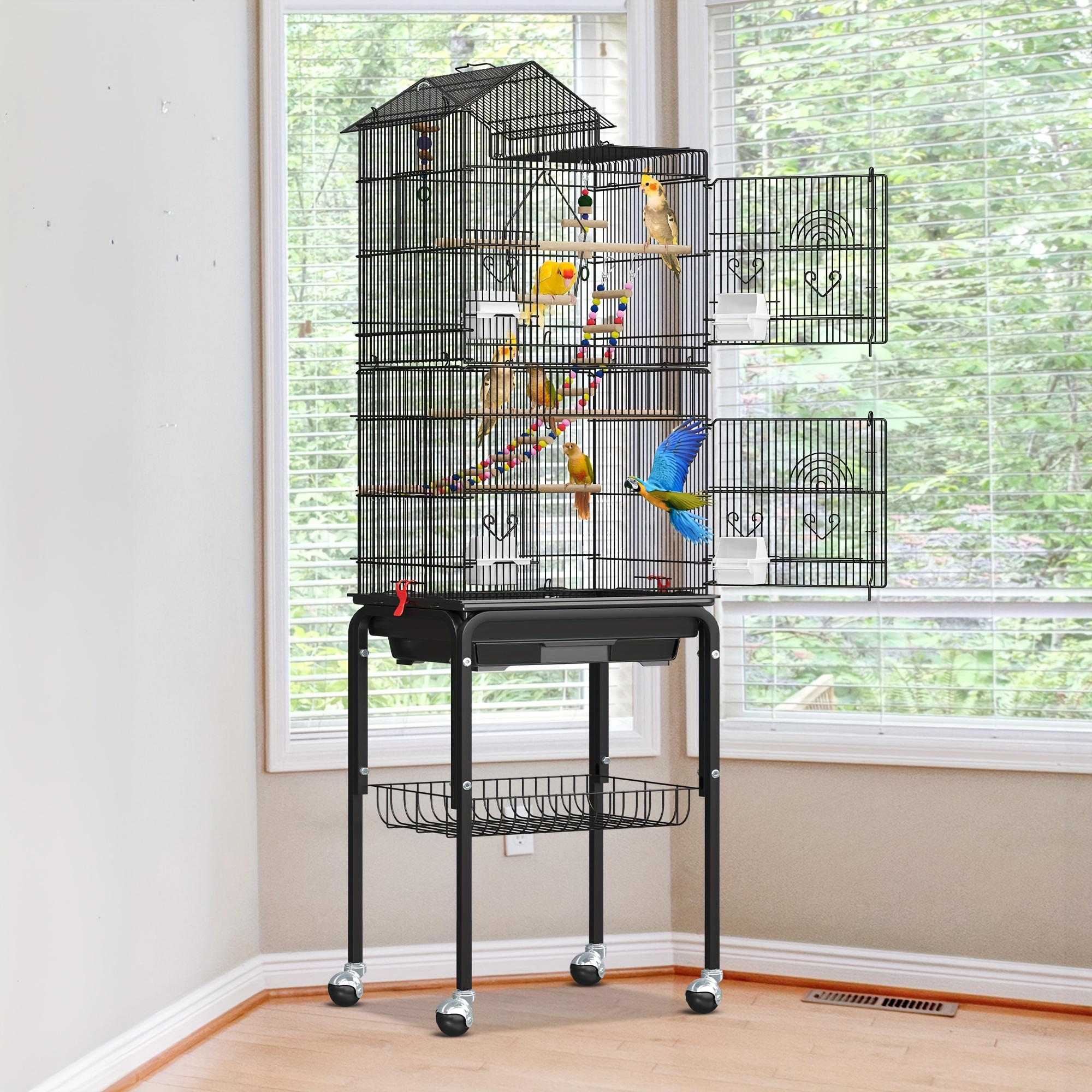 

Quoyad 62 Inch Metal Bird Cage, Large Parakeet Cages For Parrot, Cockatiel, Lovebird, With Roof Top, Rolling Stand And Hanging Toys