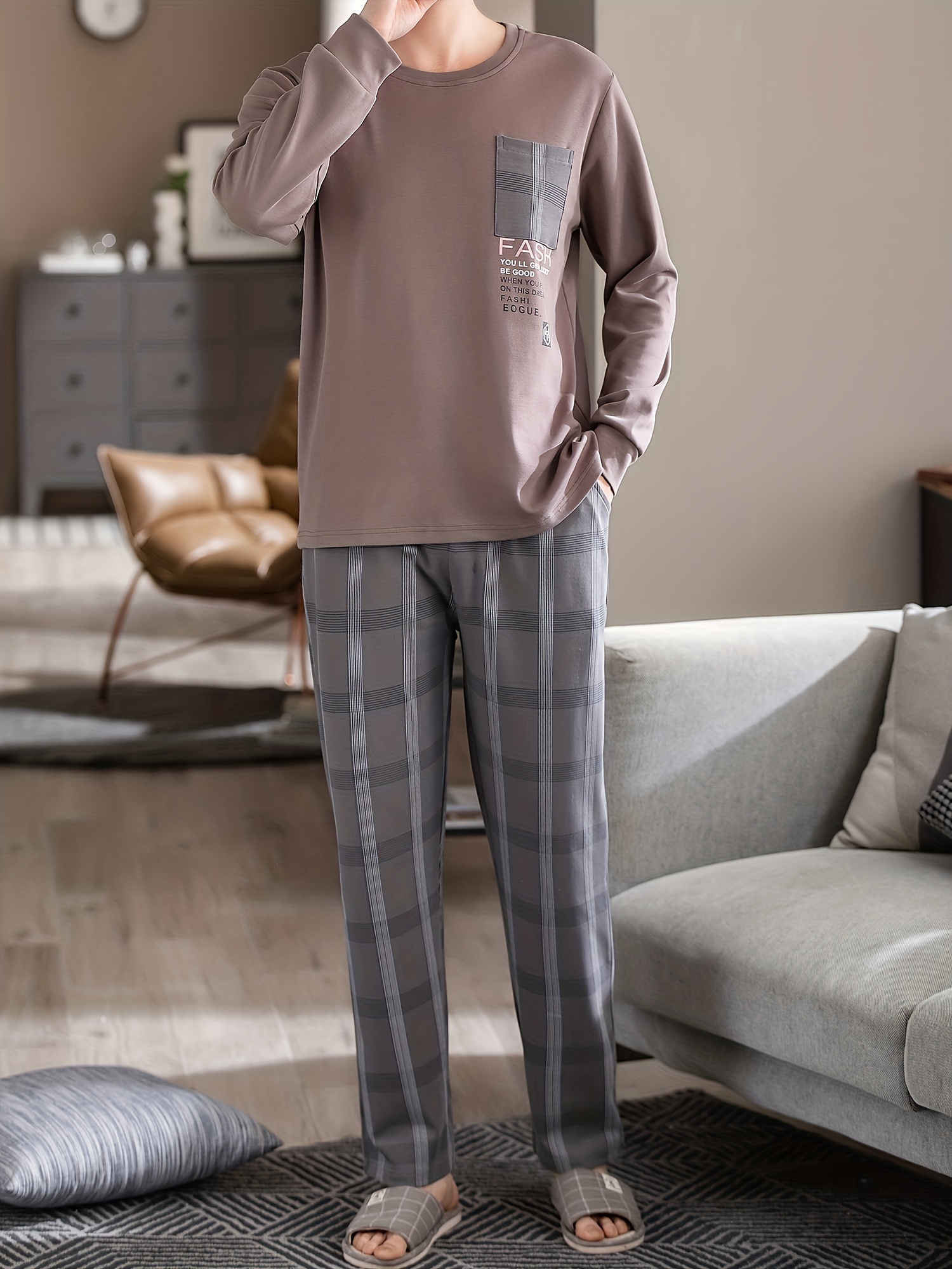 1set DOLAMI Men'S Cotton Pajama Set - Casual Crew Neck Long Sleeve Tartan PJs with Pocket, Slight Stretch Knit Fabric, Regular Fit Sleepwear for Spring/Fall