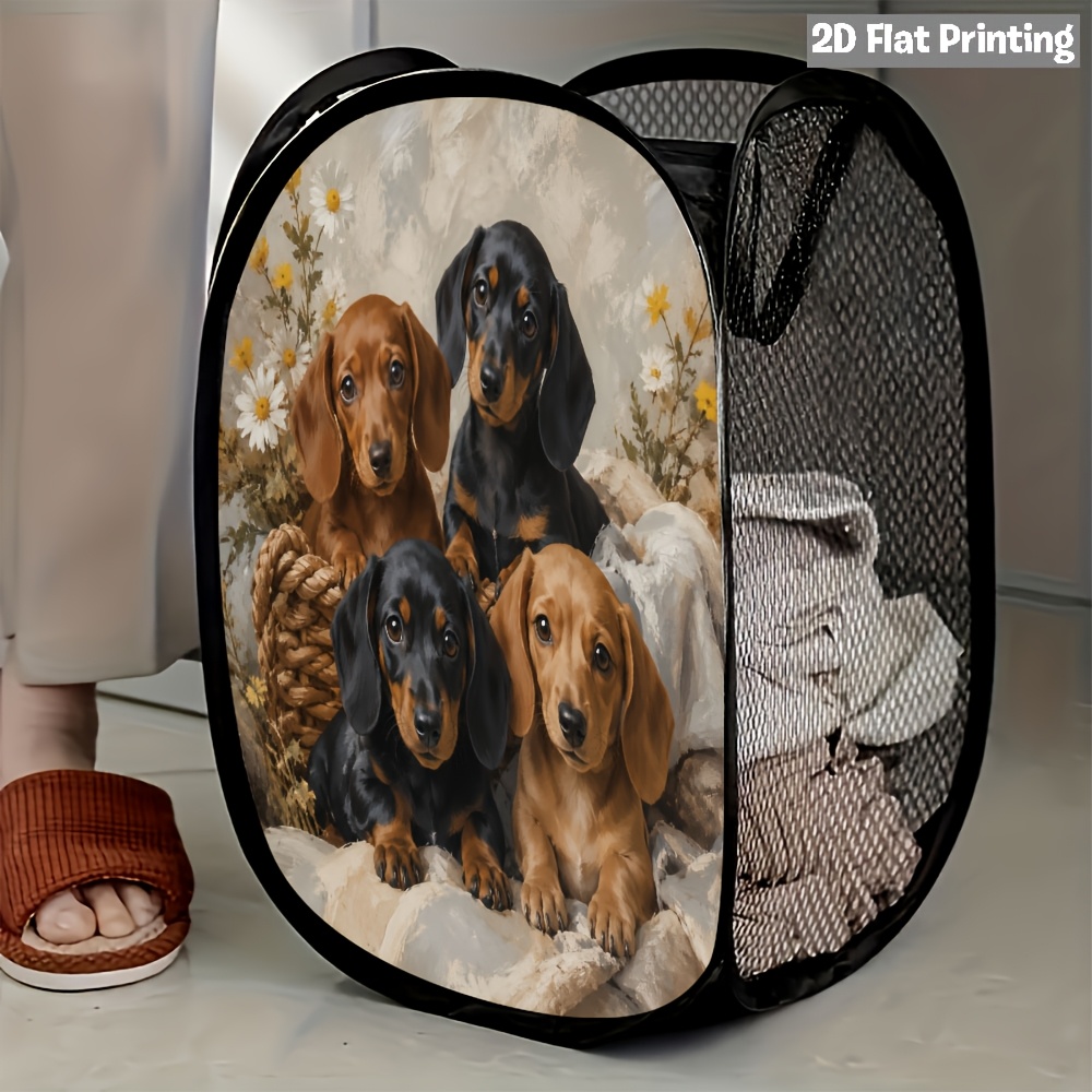 TEMU 2d Flat 1pc Flower Basket With Dachshund Puppies Mesh Pop-up Laundry Hamper - Sturdy And Space-saving For Laundry Room Organization, 2d Flat