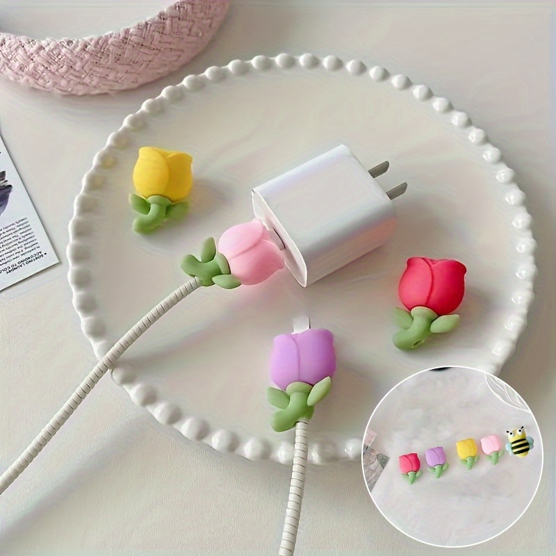 

5pcs Cute Tulip Bee Designed Cable Protector - Decorative Phone Data Cable Anti Breaking