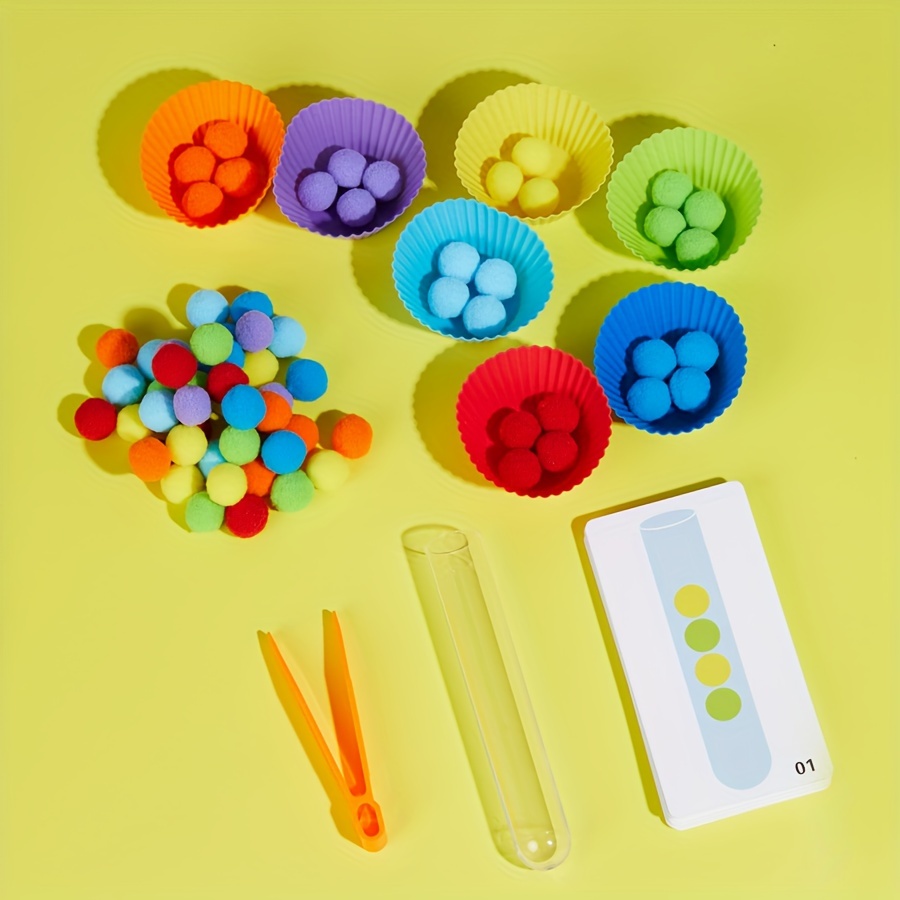 Image of 1 Set Test Tube Clip Ball Color Sorting Toy, Children Rainbow Ball Card Matching Game Math Teaching Tool, Kids Improve Focus Fine Motor Skill Training Educational Toys