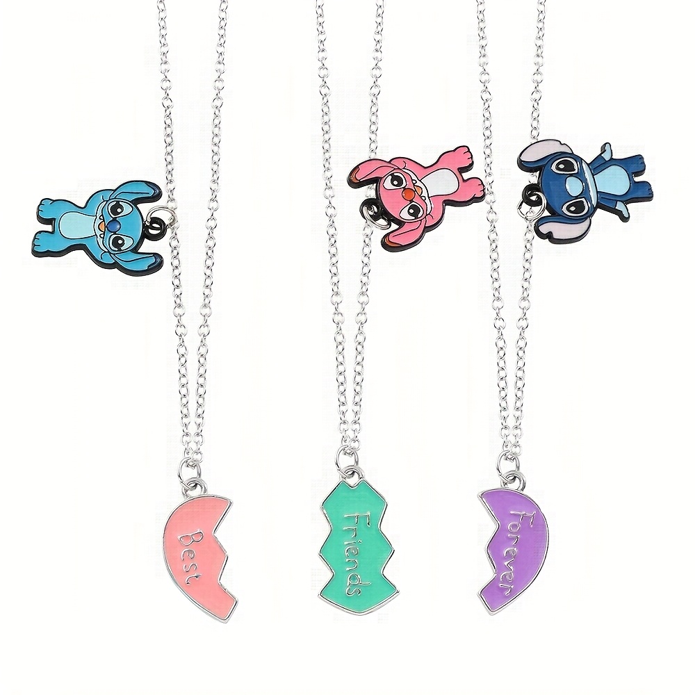 TEMU 3pcs Stitch & Heart Pendant Necklaces, Synthetic Stone, Alloy, Iron Chain, Unisex Friendship Jewelry For Daily, Party, Gift Occasions, Valentine's, Mardi Gras, Football - All