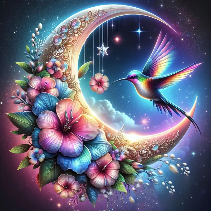 

5d Diy Diamond Painting Kit For Adults - Round Full Drill Acrylic Animal-themed Artwork, Magic Moonlit Hummingbird Floral Wall Decor