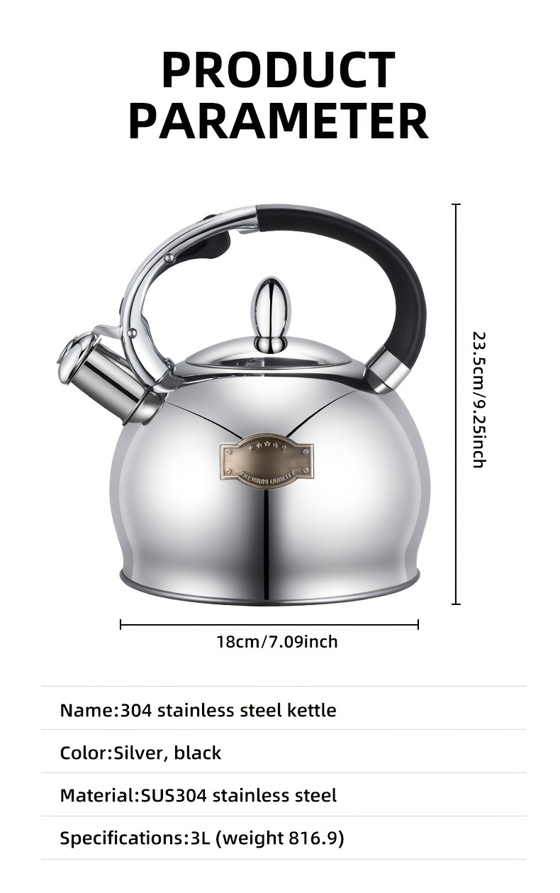 1pc   kettle stainless steel tea pot 3000ml large capacity compatible with gas electric stovetops whistle sounding kettle for home office restaurant use no electricity needed whistle activated stovetop kettle with wide spout fast boiling   spout ergonomic handle silver details 3