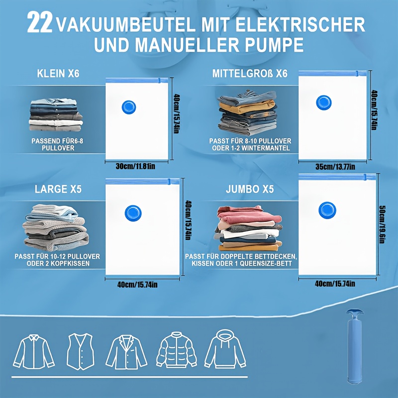 TEMU Set de 23 sacs de rangement sous vide de voyage (6S+6M+5L+5XL), inclut une pompe à main, sacs de compression, sacs de rangement spécifiques pour