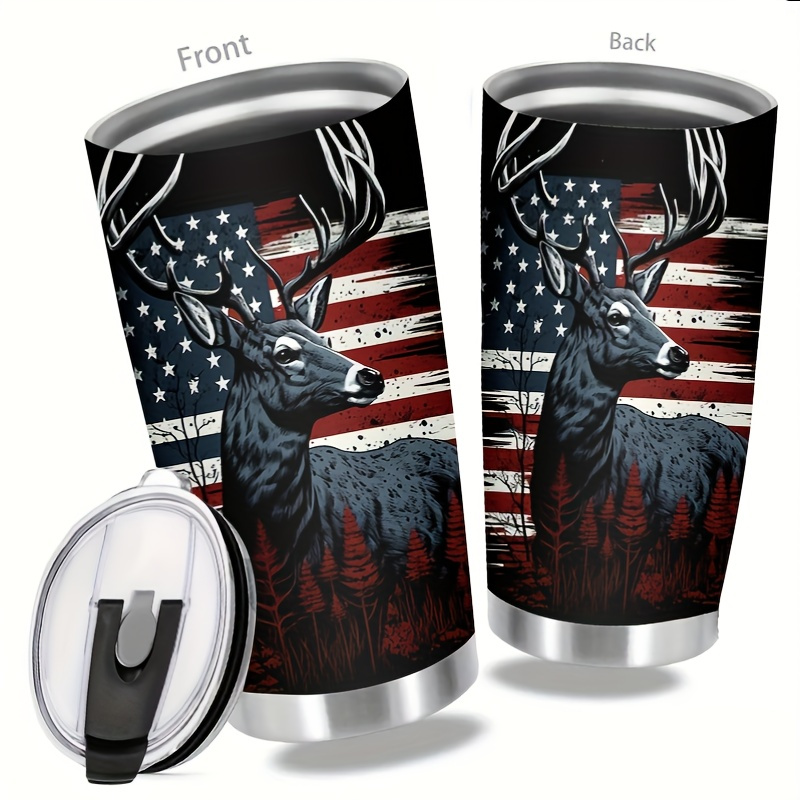 

1pc, 20oz Stainless Steel Usa Flag Hunting Tumbler - Vacuum Insulated, Leak-proof Lid, Deer Design - The Ultimate Fathers Day & Hunting Gift For Outdoor Adventure