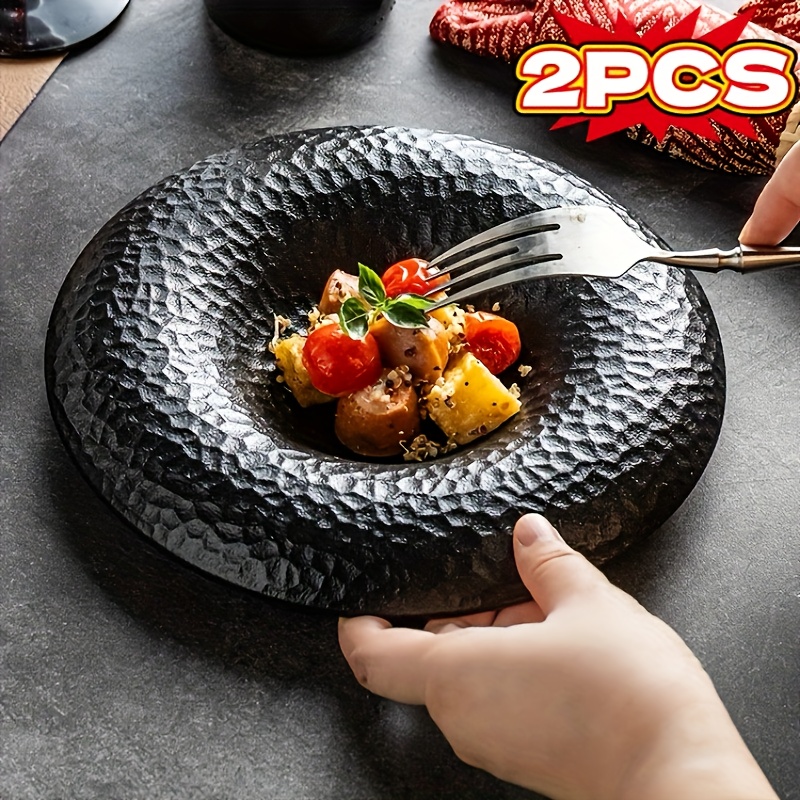 2 Elegant Black and White Ceramic Plates - Premium Tableware with Creative Hammered Design, Perfect for Western Cuisine Desserts Salads Home & Restaurants Artistic Straw Hat Style