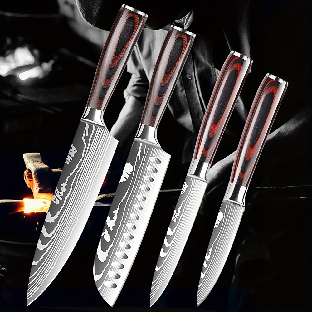 

4/8pcs -carbon Steel Knife Set - Built-in Sharpener, Ergonomicpakkawood Handles, Includes Chef's Knife, Bread Knife, Kitchen Scissors, Fruit Knifewith Knife Holder - Kitchen For Cooking Mastery