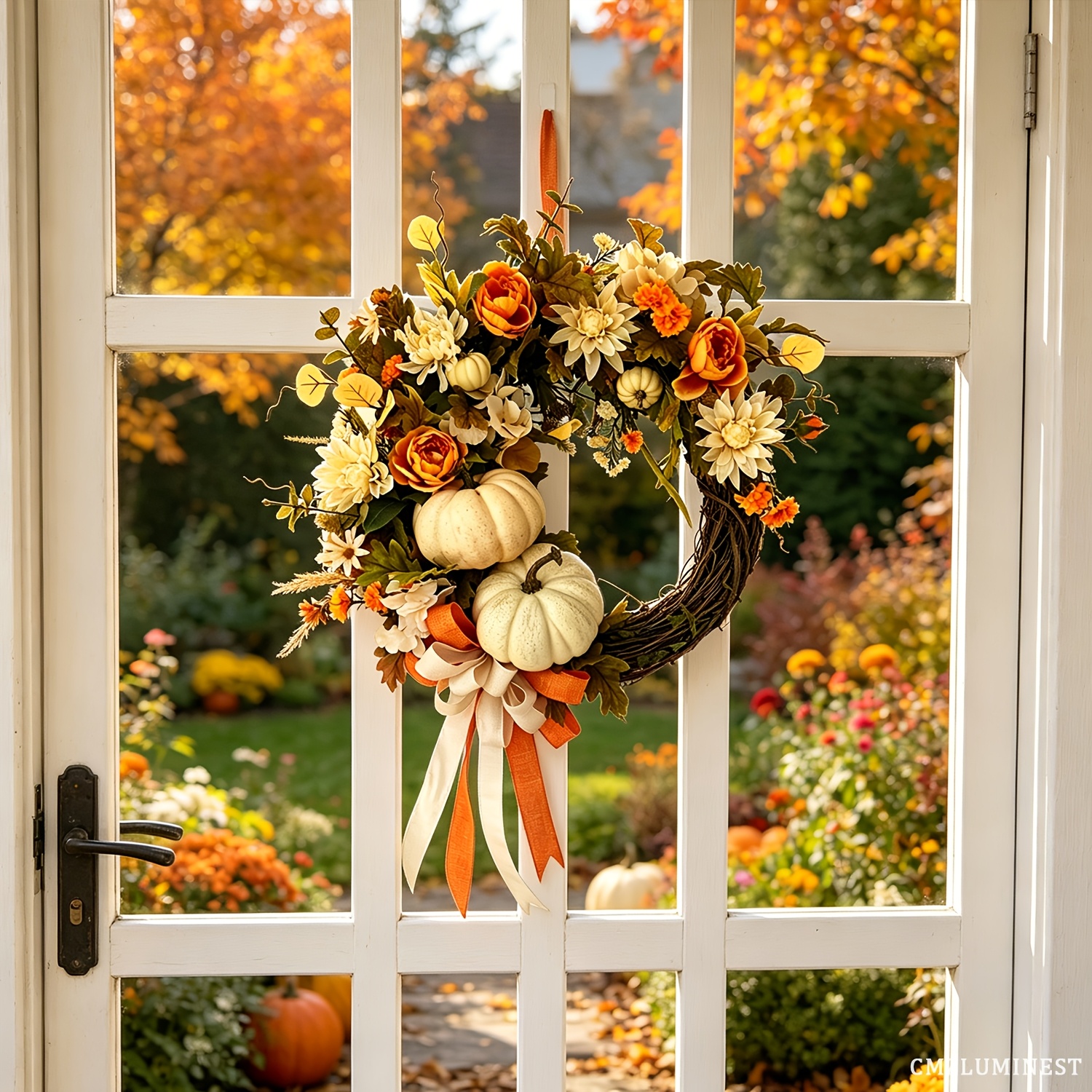 TEMU Autumn Wreath Decoration, Pumpkin Autumn Doorhead Wreath, Featuring Eucalyptus Leaves, , Straw And Vintage Bow Knots, A Strong Seasonal