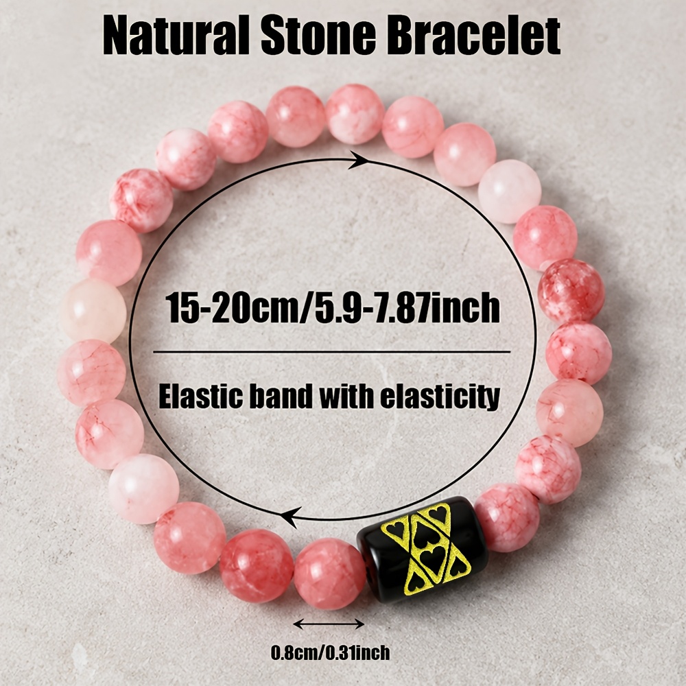 Women's Natural Pink Agate Stone Stretch Bracelet with Golden Heart