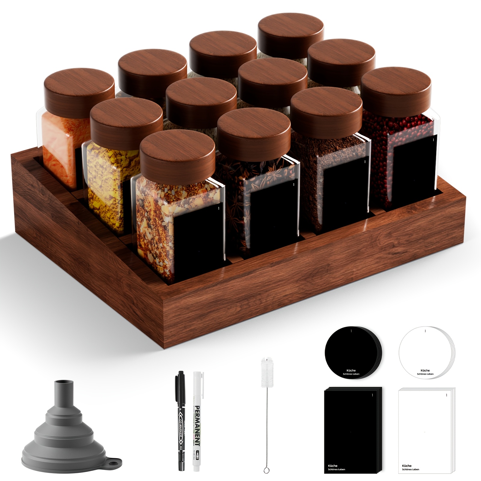 TEMU Seasoning Jar Set, 12pcs Set, Square, With Lids And Seasoning Rack, 120-milliliter Glass Spice Jars, Sealing, Includes Seasoning Labels, Filling