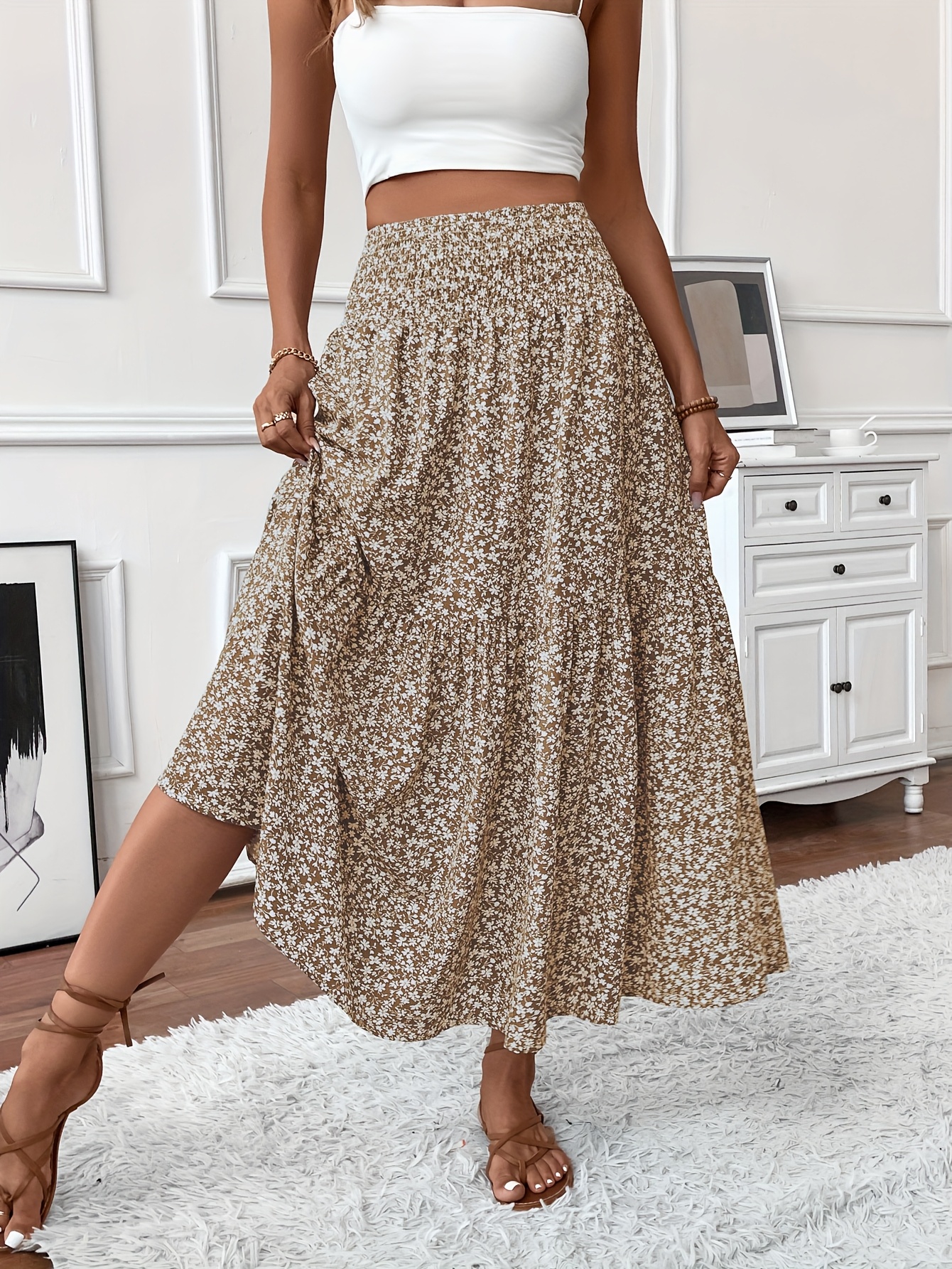 Women's Floral Print Layered Maxi Skirt with Elastic Waist, Pockets, and  A-Line Silhouette Spring, Summer, and Fall