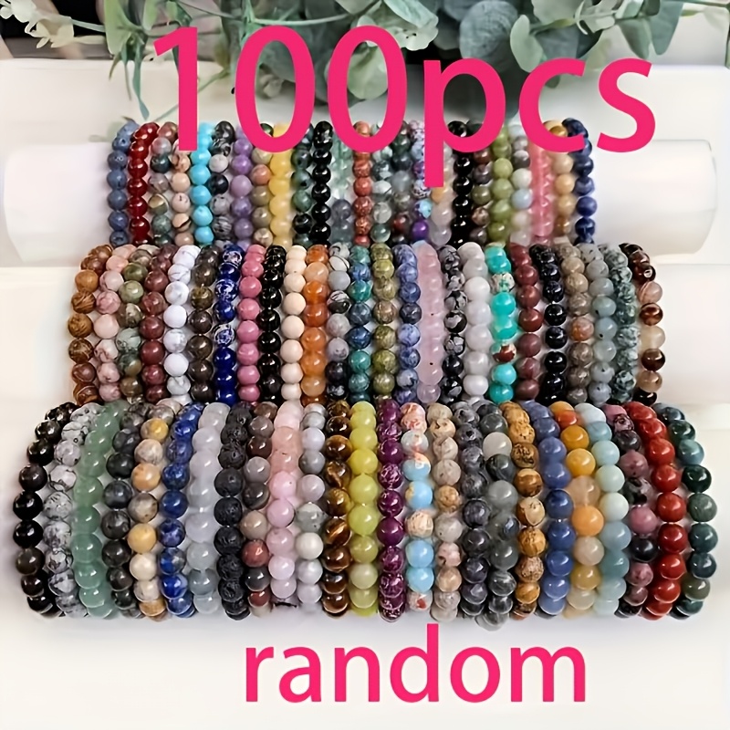 TEMU 100pcs 8mm Random Glass Bracelet - Unisex Mixed Color Elastic Wristband, Perfect For Valentine's Day. Handmade Elastic Natural Stone Bracelet -