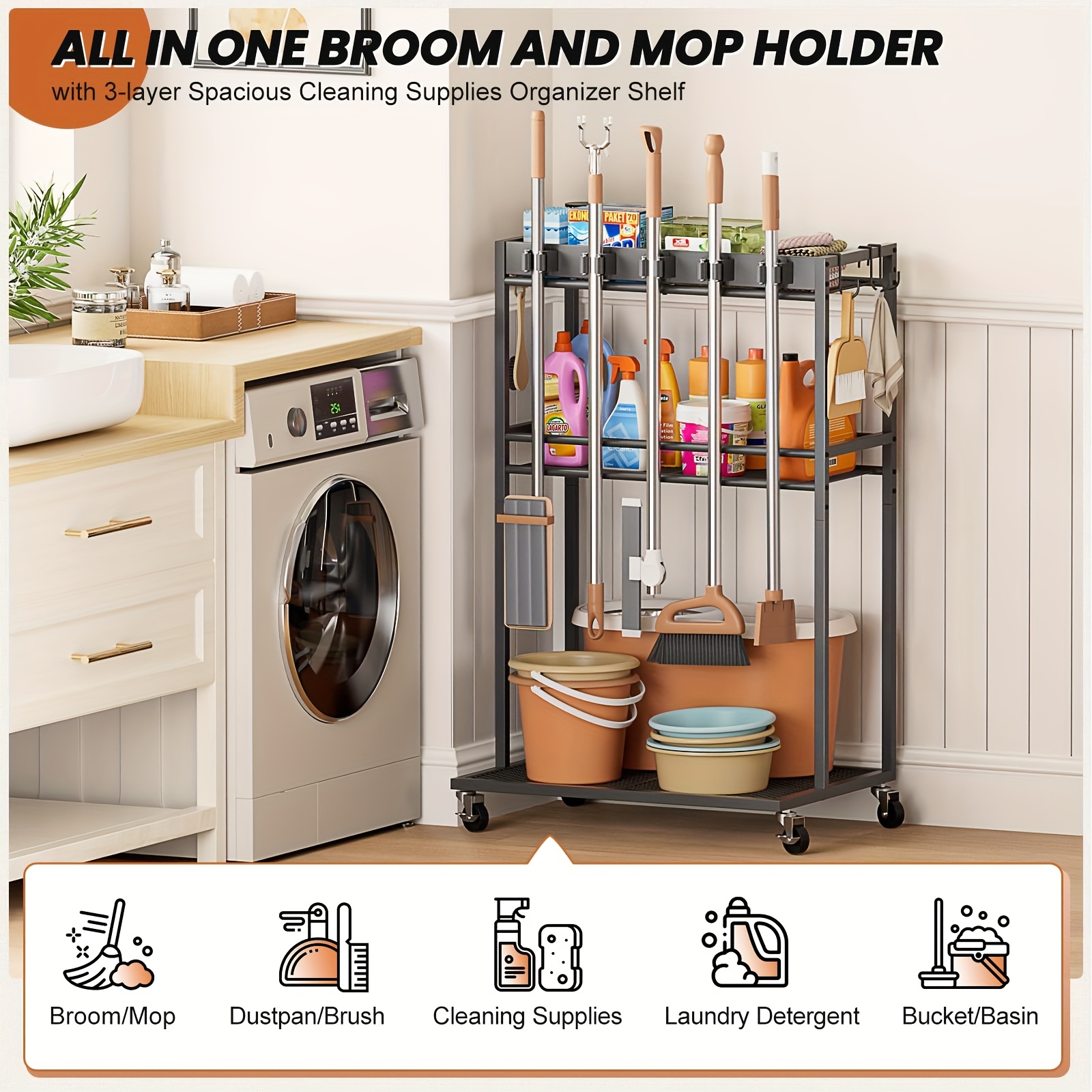 Broom Holder with Cleaning Supplies Organizer for Laundry Room