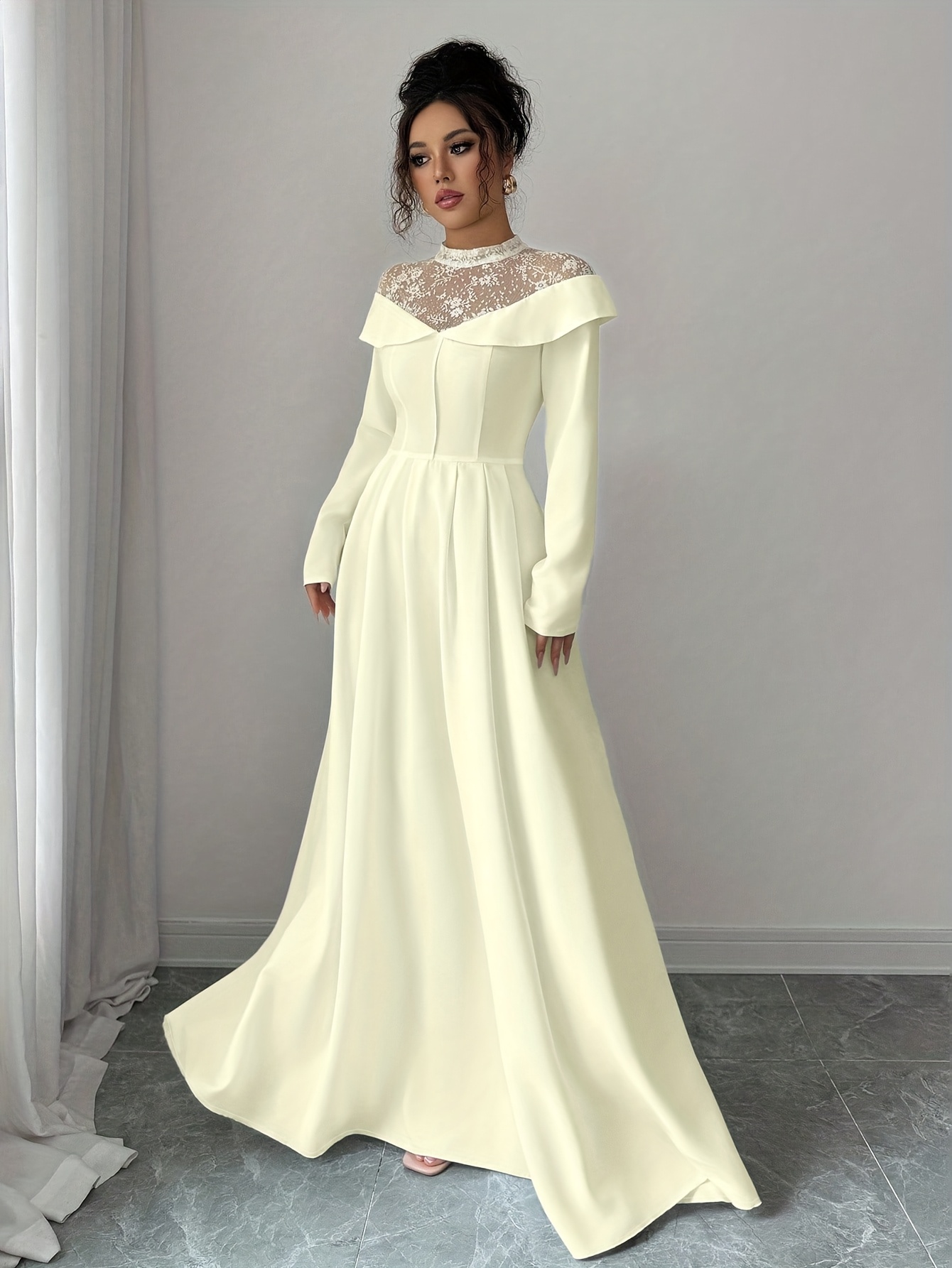 s elegant white a line maxi dress with mesh panel lace like sheer back long sleeve length wedding guest gown round neck formal evening dress machine washable no stretch Product details 6