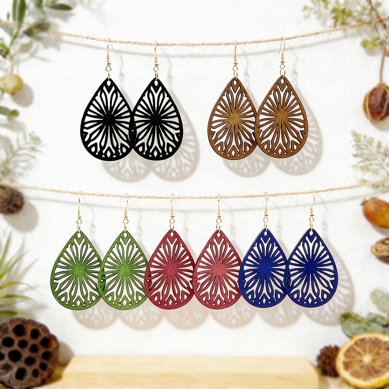 5 Pairs Vintage Geometric Wooden Pendant Earrings Set