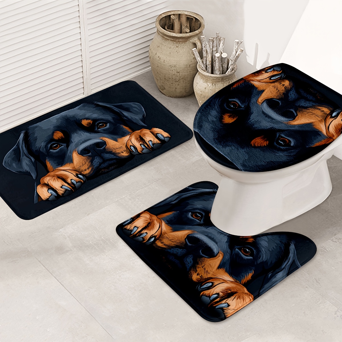 

3pcs Rottweiler Bath Mat Set - Non-slip, Machine Washable, Knit Polyester Bathroom Rugs With Contour Mat And Toilet Lid Cover, 550gsm Density, 1.2cm Thickness