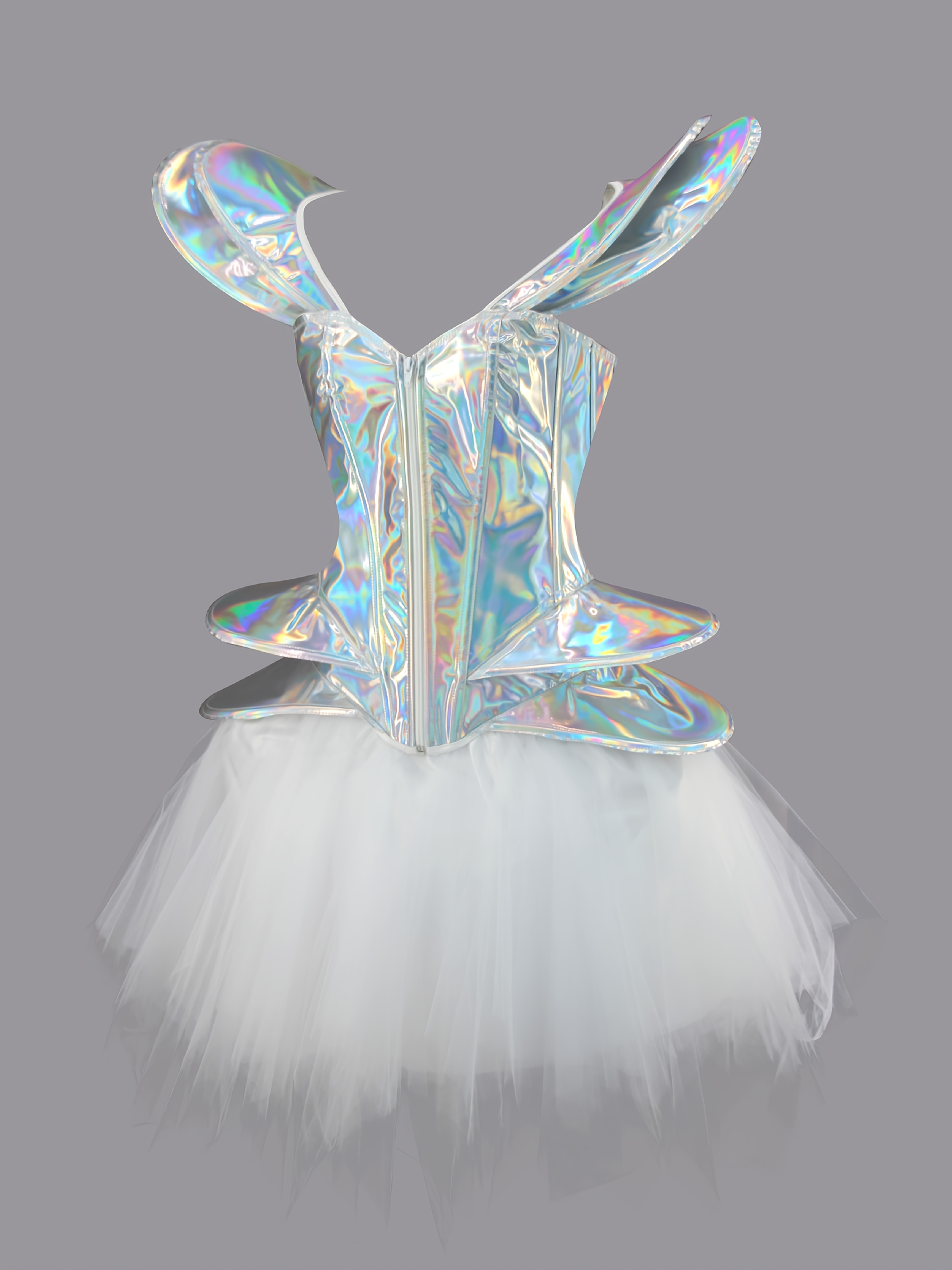 Silvery Shiny Cyberpunk Bodysuit + TUTU Skirt, COSPLAY Halloween, Stage   Suit Set, Elegant Style, Crew Neck, Solid Color, Tie Back Details, No Chest Pad, Lash Sets, for Women