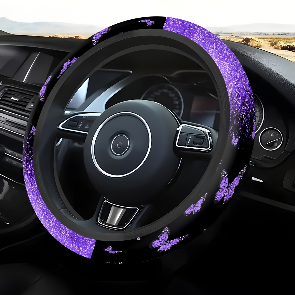 TEMU 1pc Purple Flying Background Car Steering Wheel Cover, Soft And Breathable Texture, Hand Fatigue, , Fashionable Car Accessory, A Gift