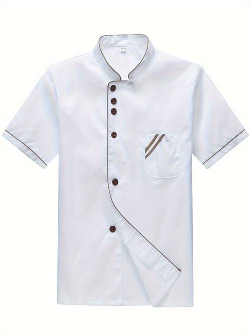 mens breathable short sleeve chef shirt lightweight polyester solid color with front pocket stripe detail kitchen restaurant or baking