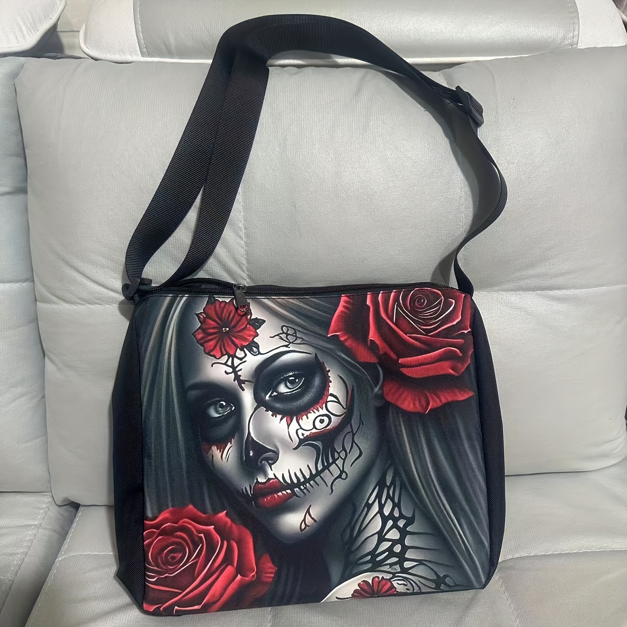 Image of Gothic Skull Crossbody Bag For Women - Stylish Black Polyester Shoulder Purse With Purple , Zip Closure, Machine Washable, Everyday Use Or Special Occasion