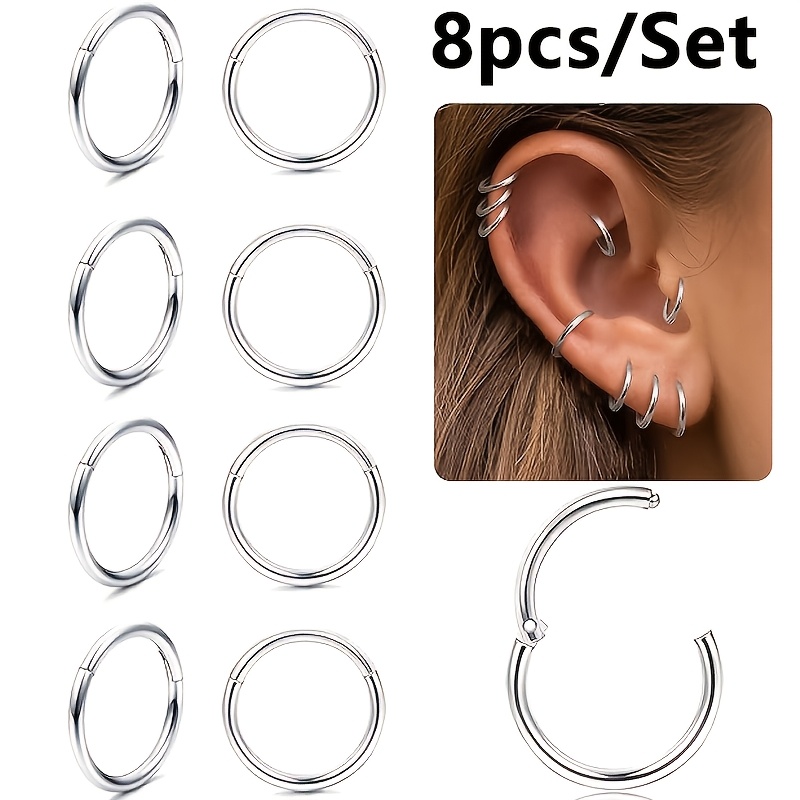 Image of 8-piece/6-piece Unisex 16g Cartilage Rings, Hinged For Nose, Spiral, Septum, Helix, Snail, Lip, Nasal Septum, Daith, Helix Cartilage Earrings, Fashion Body Piercing Rings Jewelry 8mm/10mm