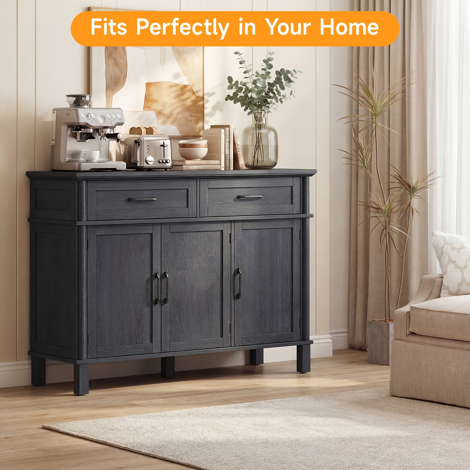 Farmhouse 48 Inch Buffet Cabinet with Storage, 48 Inch Sideboard with 2 Drawers And 3 Doors - Wood Coffee Bar Cabinet with Adjustable Shelves for Kitchen, Dining Room, Living Room