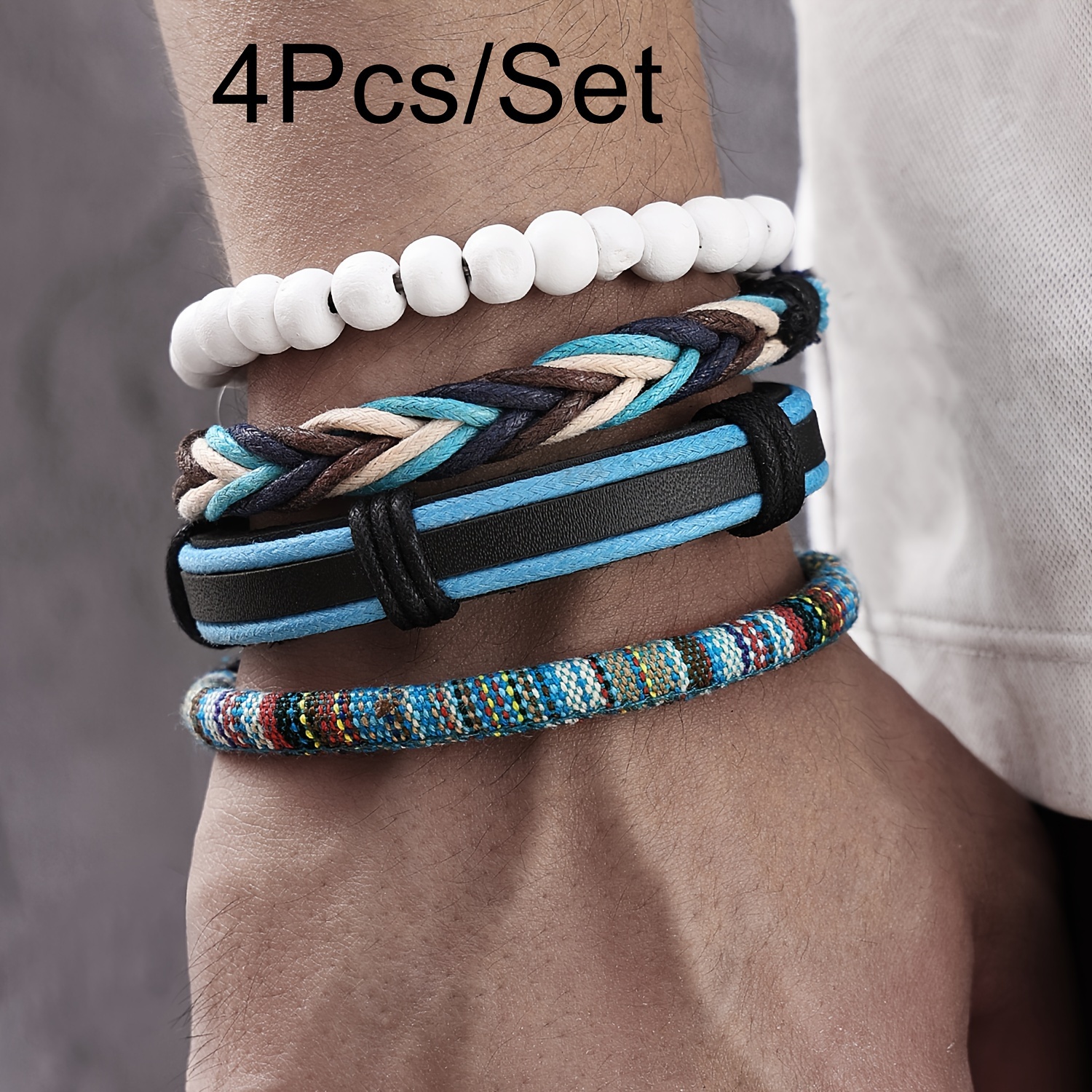 E-shop Herren Kunstleder Armreif Armband Set, Design Sense Blaue Webperle Armreif Armband, Herren Tägliche Party Mode Schmuck