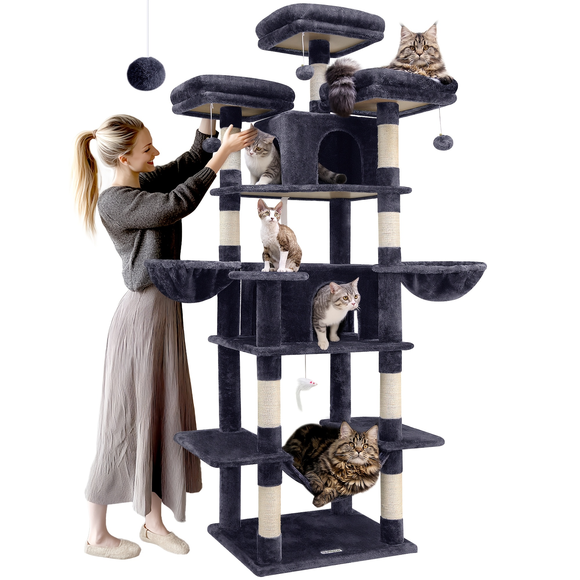 

F80 Tall Cat Tree, 80inch Cat Tree Tower For Indoor Multiple Adult Cats Xxl Cat Tree With Scratching Post, , 3 , 2 Condos, 2 Hanging Basket