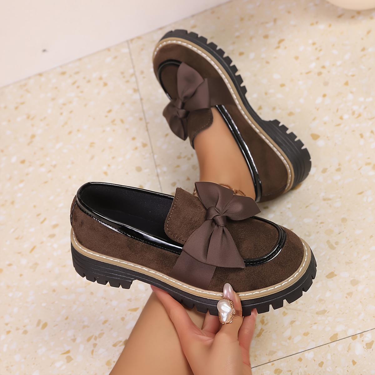 TEMU Ladies' Preppy Academy Solid Color Bow Thick-soled Comfortable Versatile Loafers, Elegant Slip-on British Style Shoes., Women Shoes