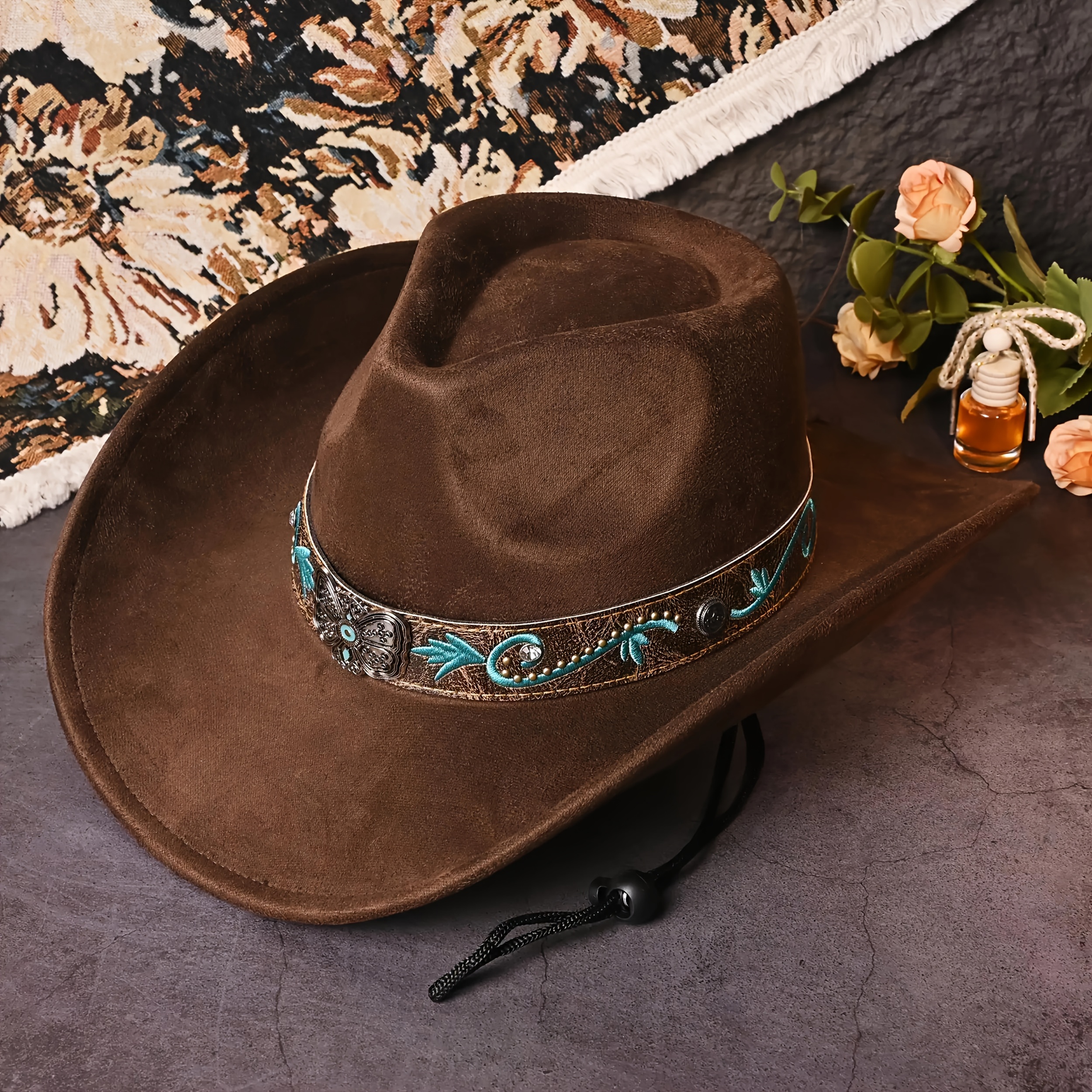 TEMU 1pc Of Stylish Western Cowboy Hat With Blue Decoration, Unisex Wide-brim Lightweight Felt Hat, Suitable For Parties, , And Casual