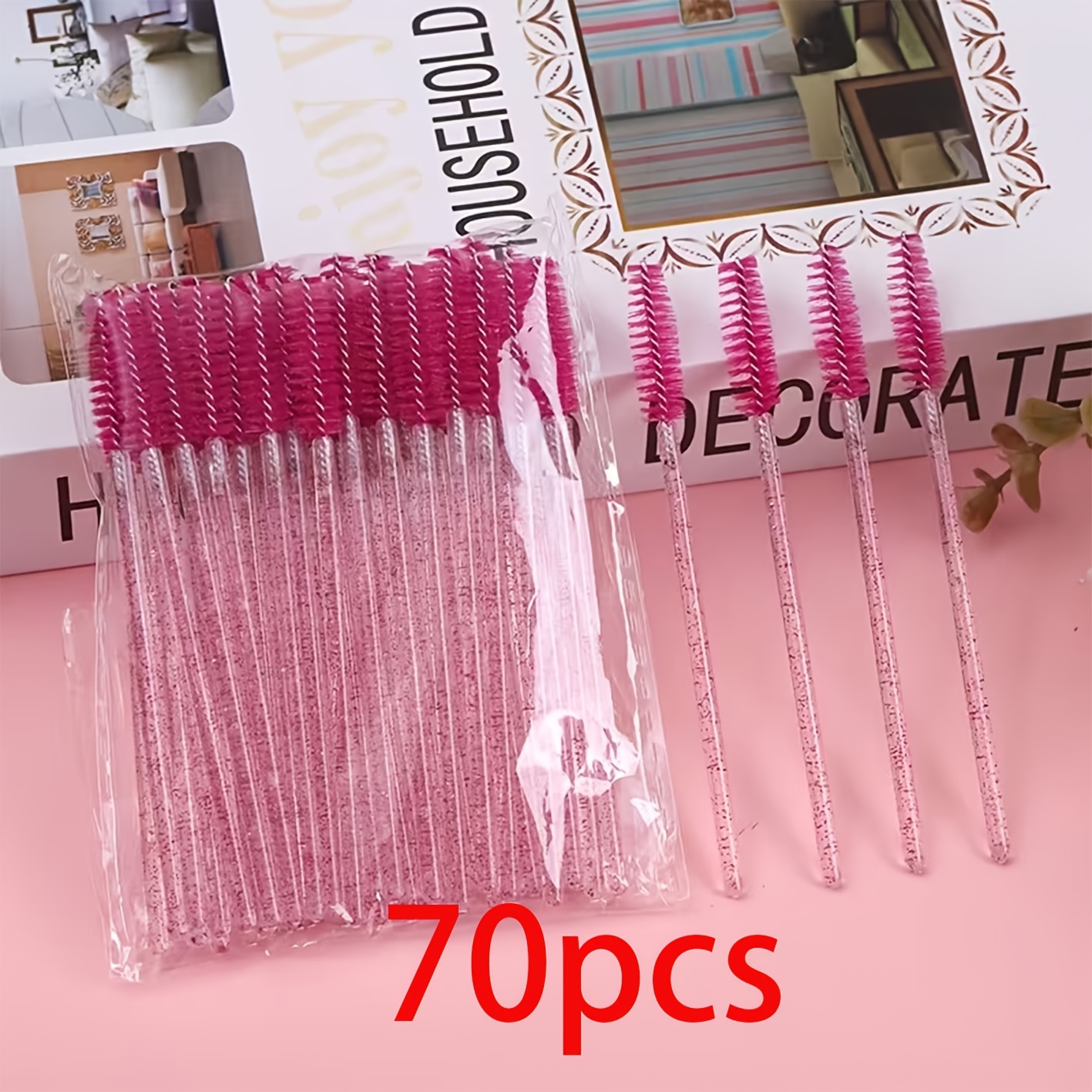 TEMU 70pcs Crystal Rose Red Eyelash Brushes, Solid Spiral Eyebrow Brushes, Eyelash Combs Makeup Tools