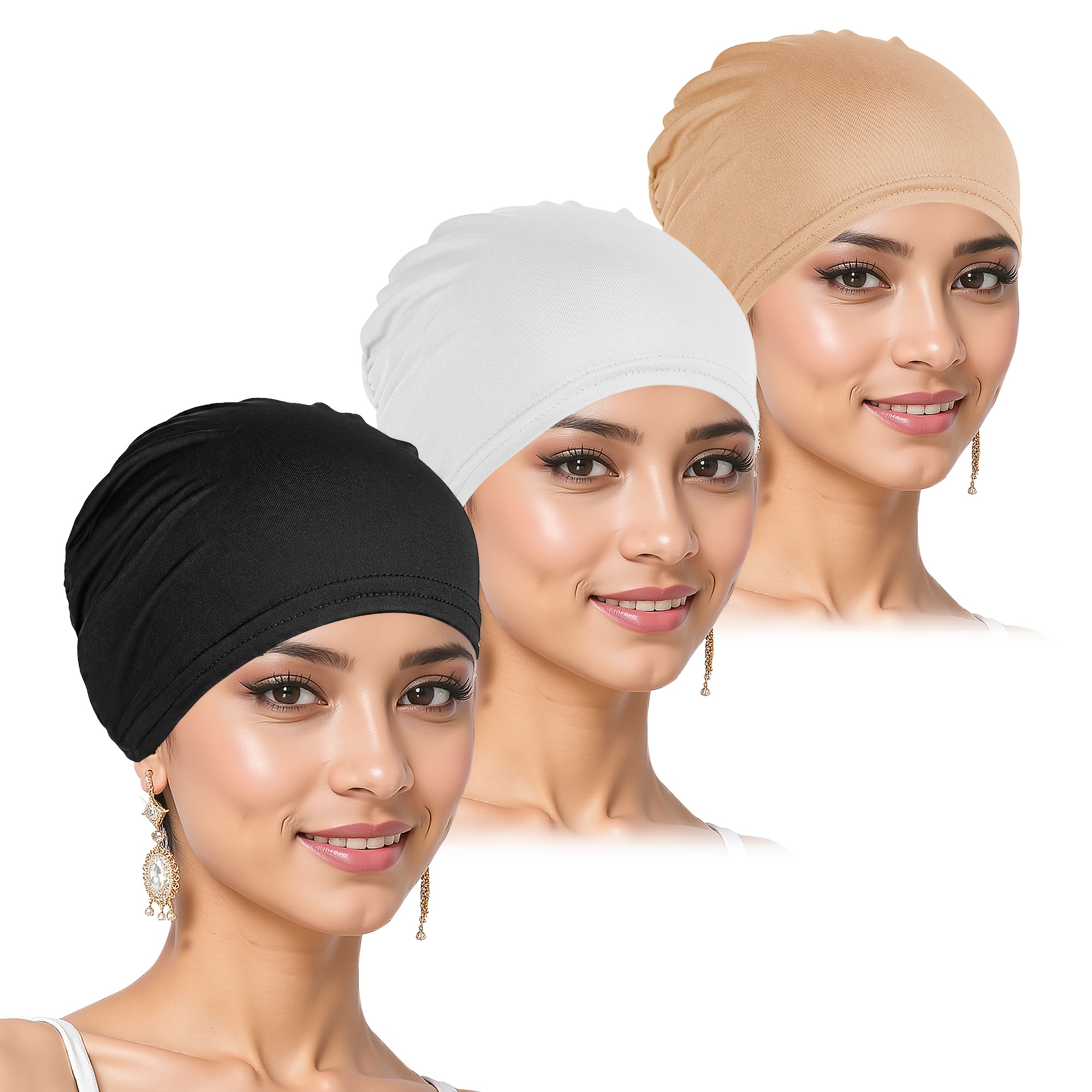 E-shop 3-teiliges Damen Turban Hijab Cap Set - Modische, weiche Kopftücher und Basishüte - Atmungsaktiv für Reisen, Shopping