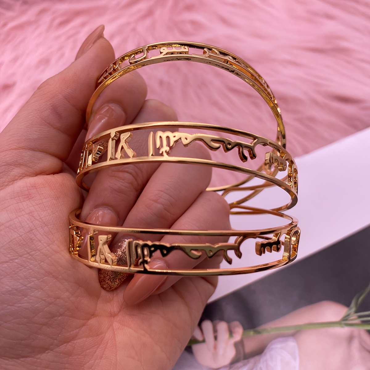 Stylish Open Bracelet with Personalized Arabic Names, Stainless Steel