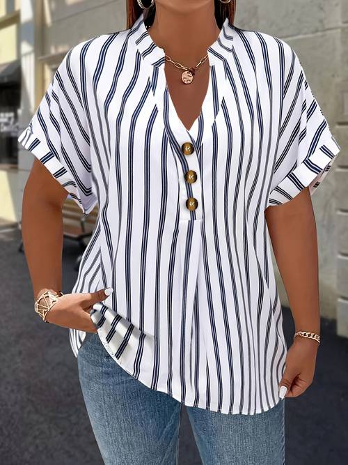plus size hot plus size womens shirt with striped raglan sleeves fold over collar and decorative buttons elegant style blouse