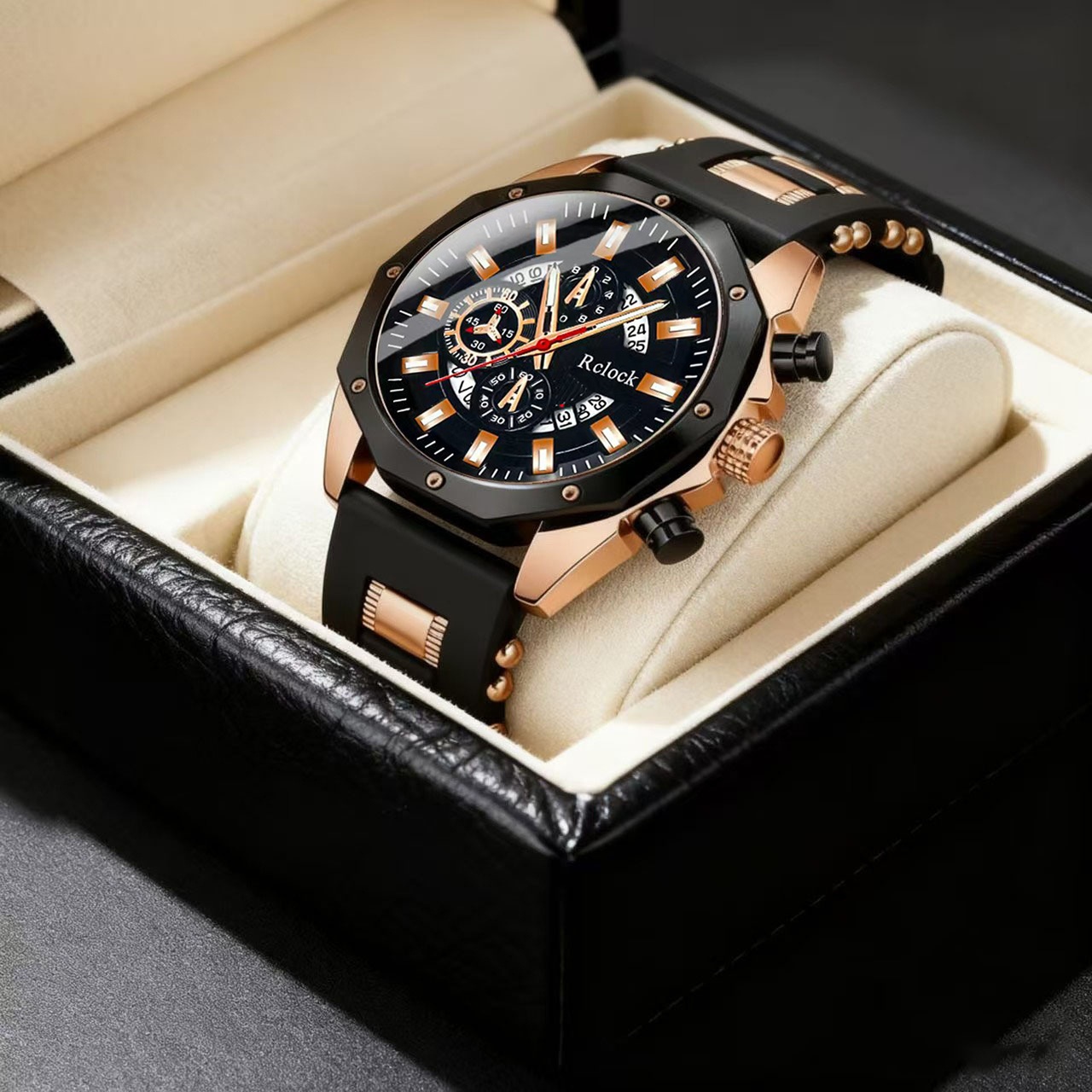 1 MSCXDK Modern Luxury Blue & Golden Chronograph Analog Watch with Date/Day Display, Shockproof Quartz Movement, Golden Case & Blue Strap - Unisex Wristwatch for Men & Women, Dress Watch for Casual/Formal Occasions, Gift for Him/Her