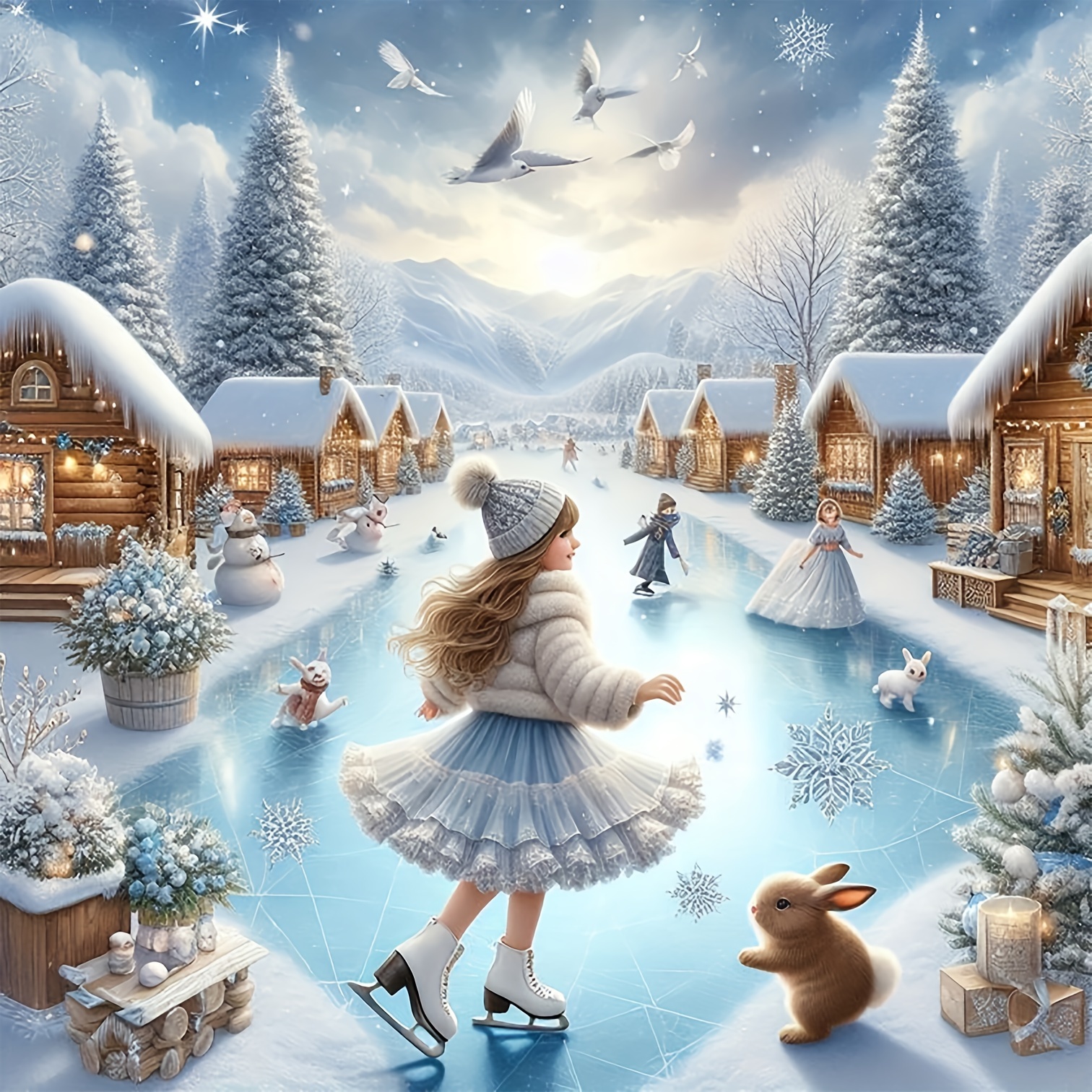 

5d Diy Diamond Painting Kit - Ice Skating Girl Christmas Scene, Drill Canvas Mosaic Craft, Handmade Art Gift, Home Decor Wall Art Without Frame