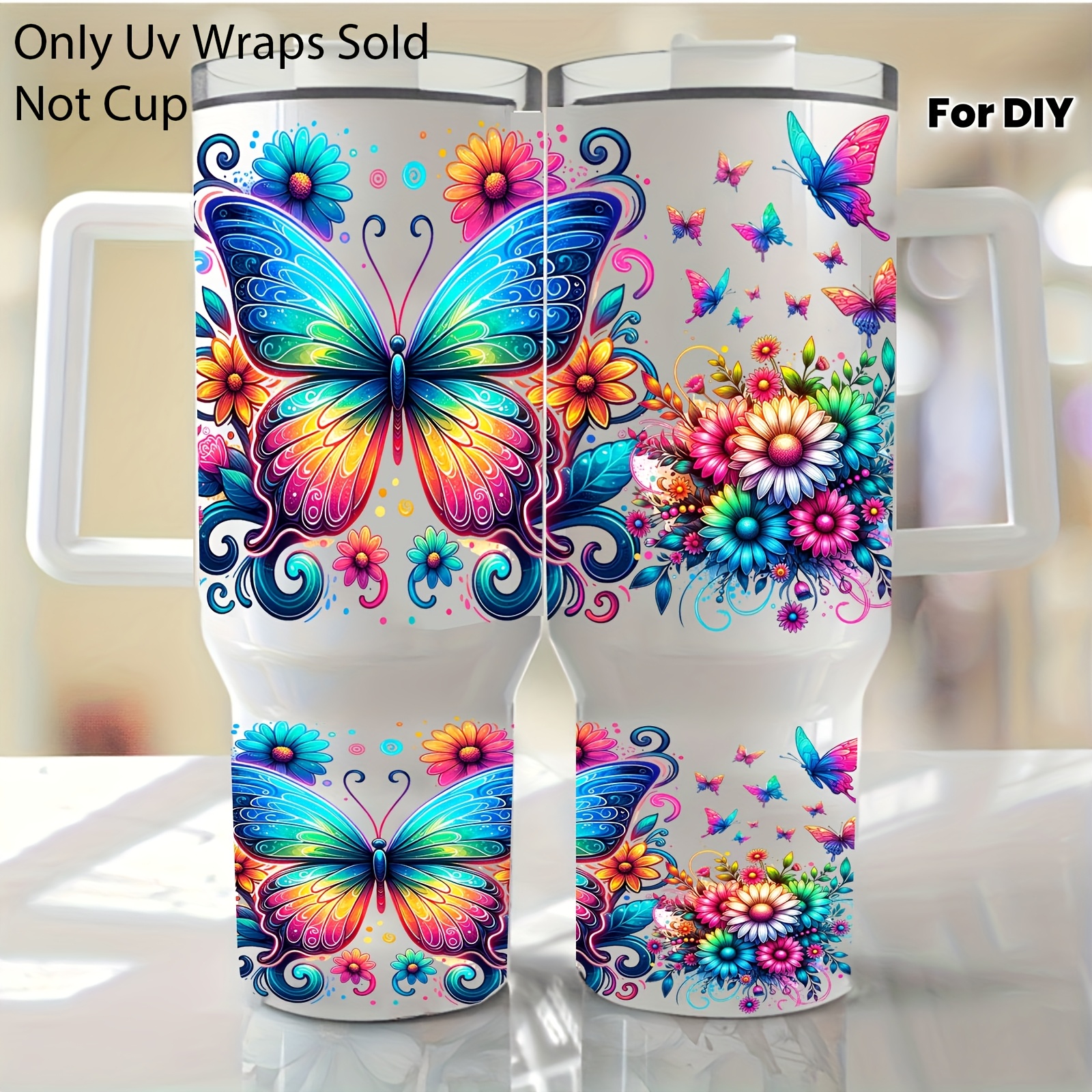 TEMU 2pcs/set Blue Floral Pattern Dtf Transfer Paper- Waterproof Self-adhesive Decorative Transfer Paper, Suitable 40oz Glass Cups, Travel Mugs, And