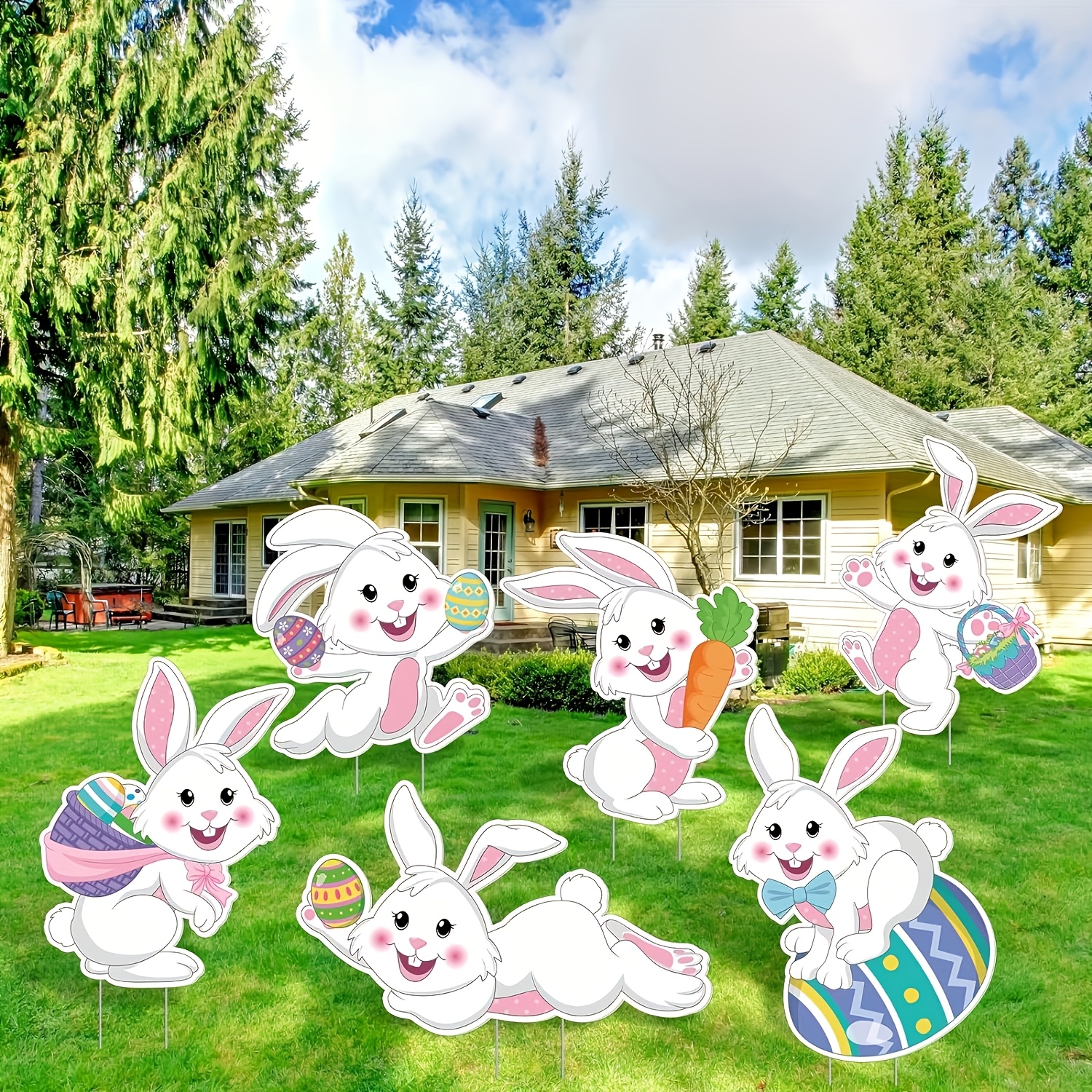 

Easter Bunny Yard Signs - 6pcs Set With Stakes, Large Tumbling Rabbit Decorations For Outdoor Garden & Lawn Party, Spring Egg Hunt Theme, No Battery Required