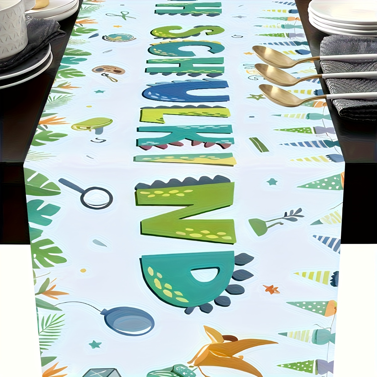 TEMU 1pc Table Runner, German Back-to-school Theme " In Elementary School!" Fun Dinosaur Design, Suitable For Bus And Stationery Patterns, Elegant