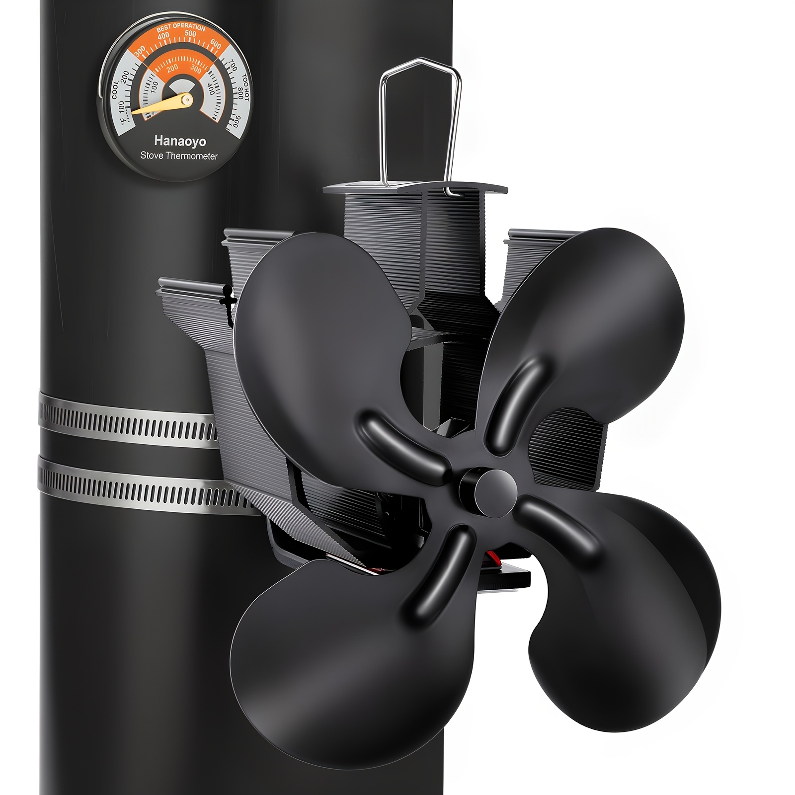 TEMU Ventilateur de poêle à bois avec thermomètre, ventilateur de cheminée à tuyau - Ventilateur de poêle à 4 sur cheminée, moteurs silencieux,