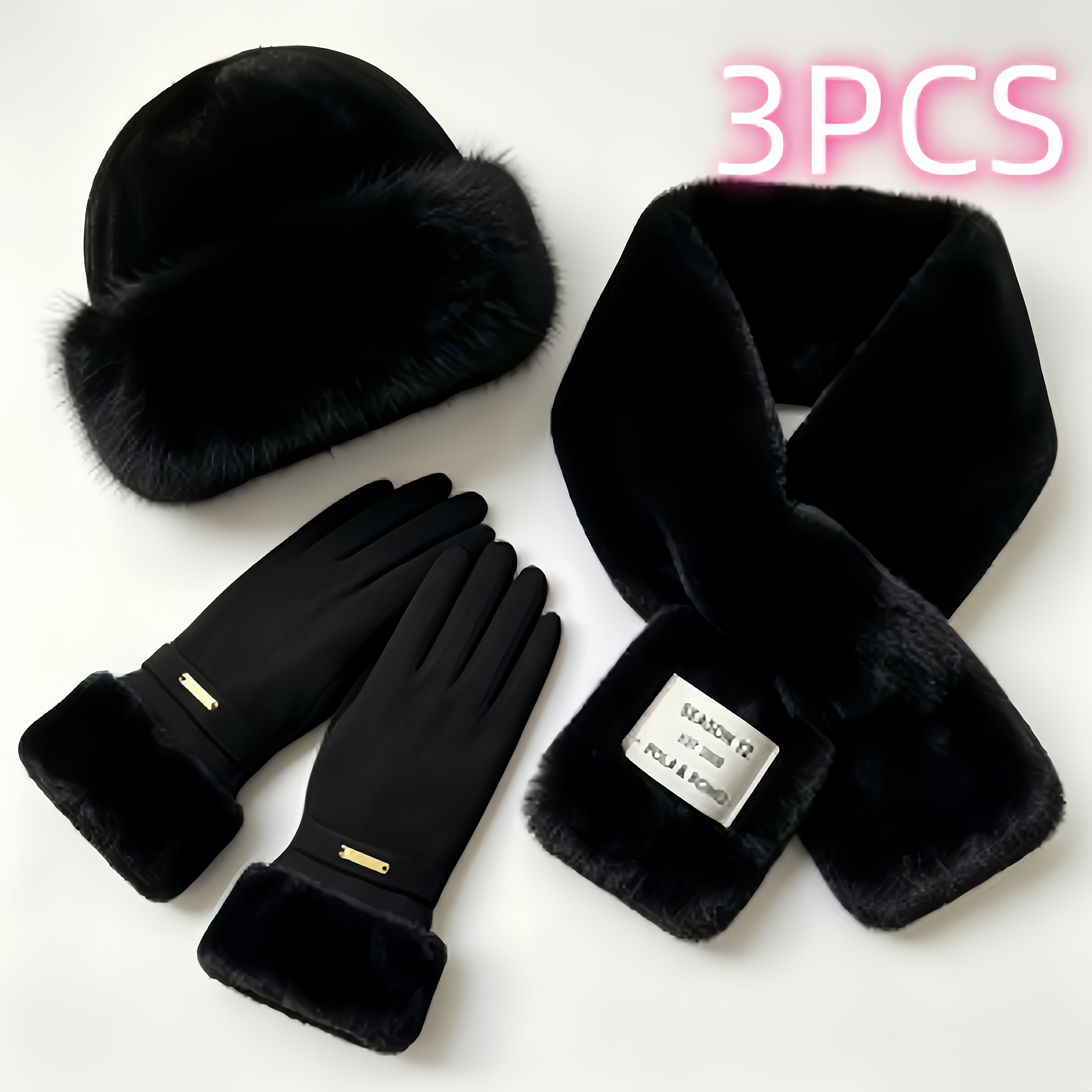 TEMU Winter Warm Plush 3pcs Set, Women's Plush Hat, Thickened Plush Scarf, Fleece Warm Touchscreen Gloves, Essential Cold Weather Kit