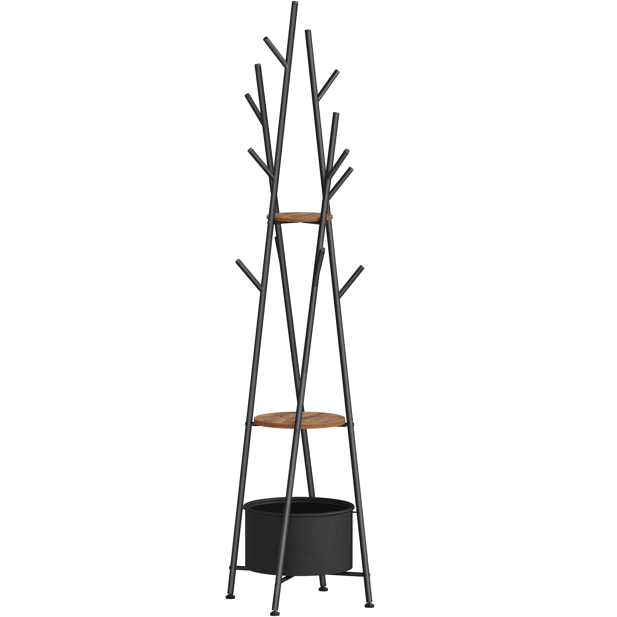 Coat Rack With 10 Hooks And 2 Shelves, Including A Storage Basket For Coats And Bags. Metal Frame. Suitable For Living Room And Bedroom. Dimensions: 48 X 48 X 186cm. In Brown And Black.