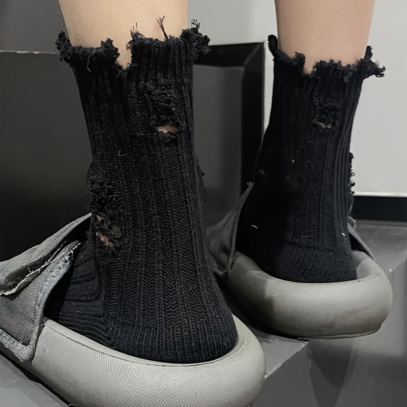 TEMU [sunday] 2026 Autumn Winter Trendy Ripped Mid-calf Socks, Retro Distressed Beggar Socks, Women's Ns Trendy Hole Socks (/gray/pink/green),