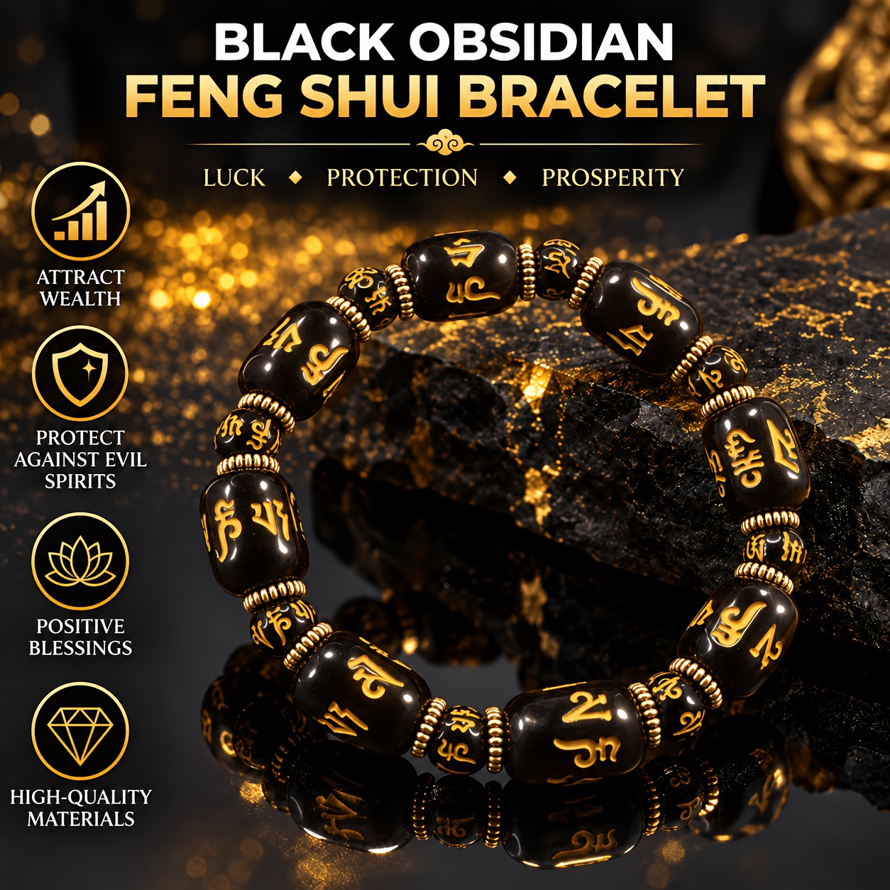 TEMU 1pc 1pcs Beads & Golden Suitable For Stretch Bracelet, Black/golden & Round Bead Wristband For Casual Attire, Holiday Gifts, Birthday Present,