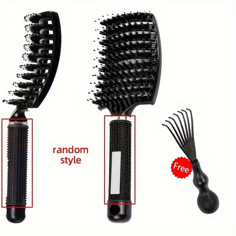 1pc Curved Vented Bristle Styling Hair Brush And 1pc Cleaning Brush, Single Brush Anti-static Detangler, Wet Or Dry Use, Random Controller