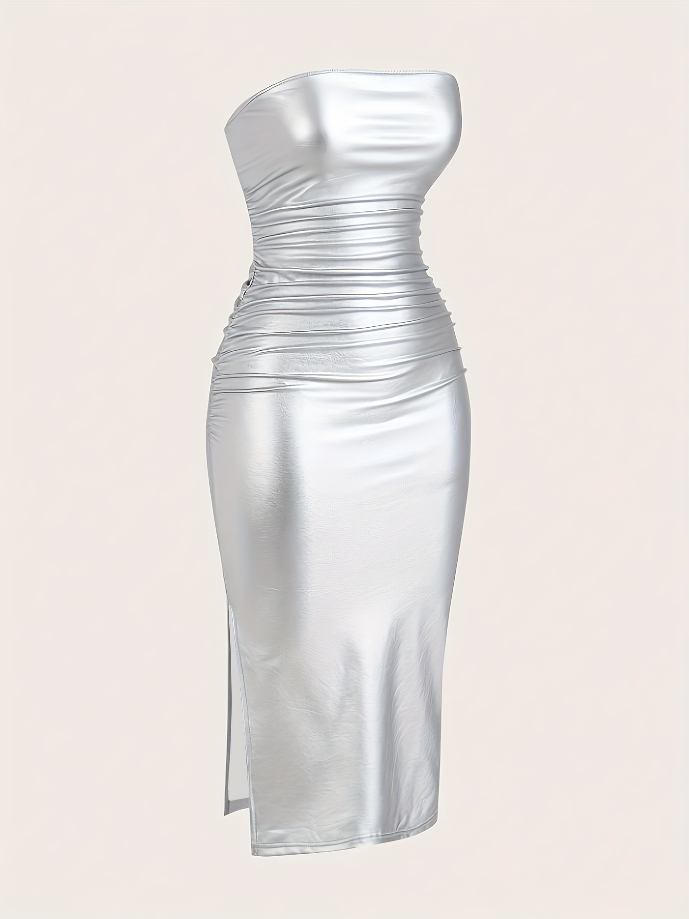 knee length dresses for ladies Dolly Luxury Metallic Ash Pleated Tube Top Long Slit Dress-VIVA S / As Shown main image 1