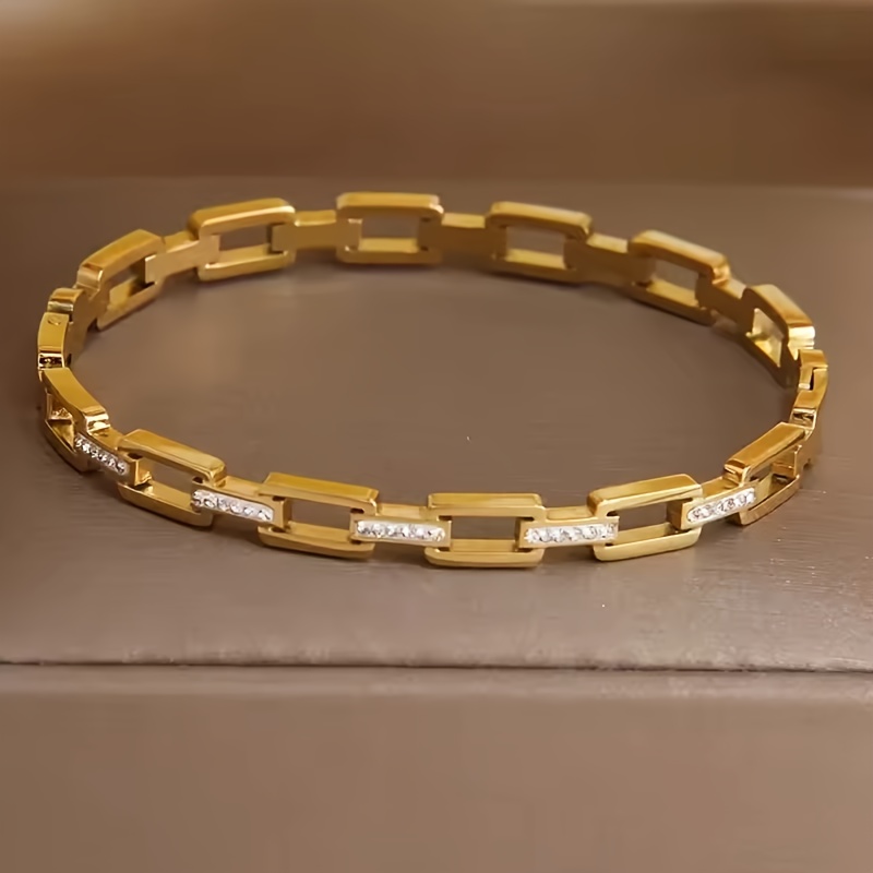 Image of Ladies' Fashionable And Easy Bracelet, Stainless Steel Material, 18k Golden Plated, Waterproof And Not Easy To Fade, Inlaid With Synthetic Diamonds | Elegant And Shiny Open Bracelet