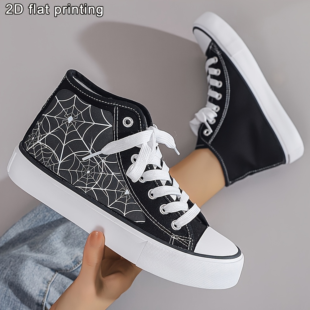 Scarpe da ginnastica alte nere e bianche da donna con stampa di tela  traspirante, scarpe da skate con per abbigliamento casual per casual 
