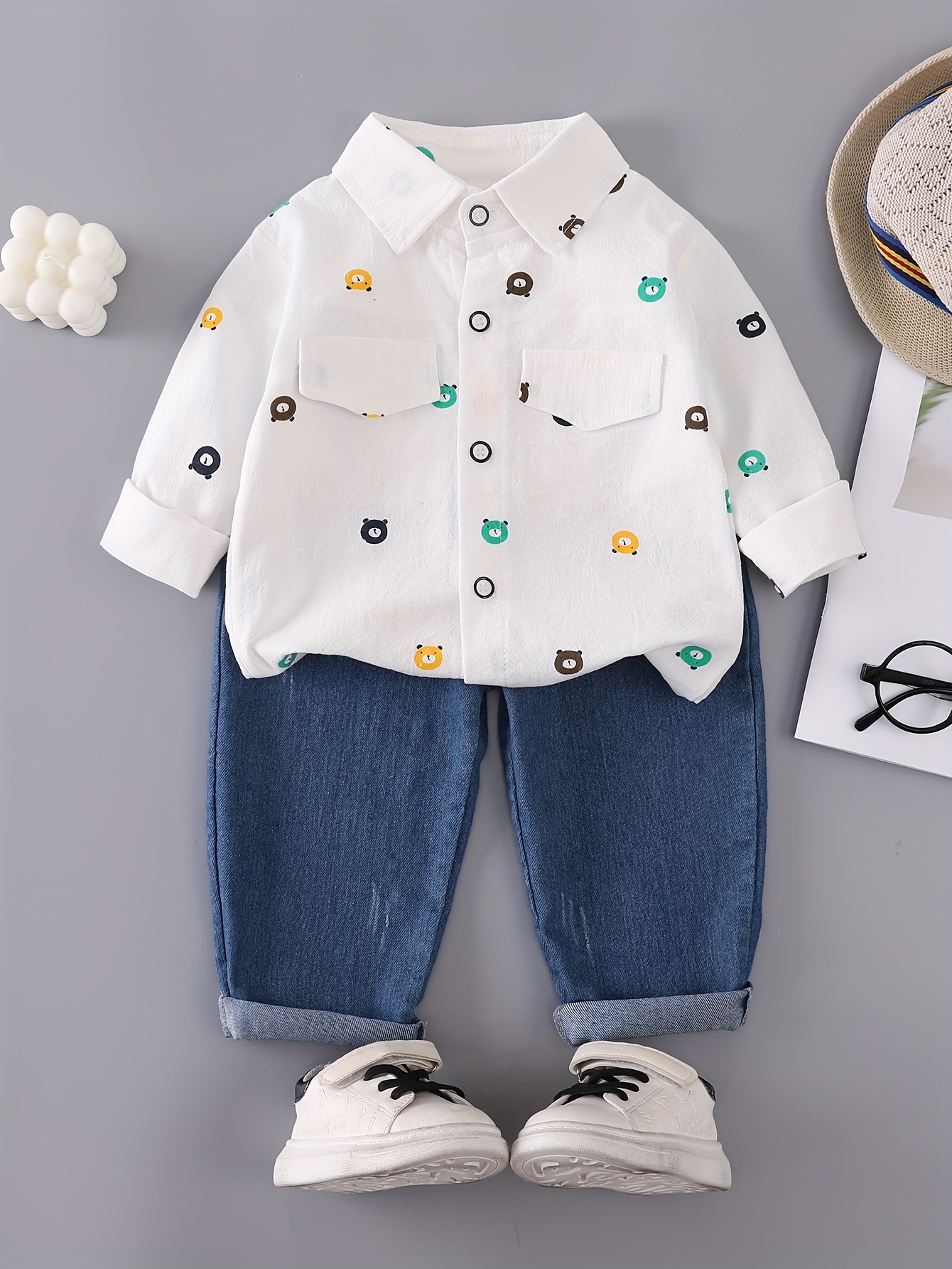 boys print outfit with a bear pocket long sleeve shirt and denim pants featuring a full button design for outdoor Product details 7
